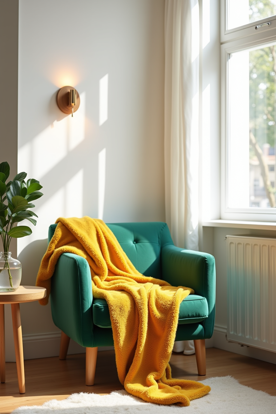 Mustard yellow blanket on emerald velvet chair arm with side table and potted plant in corner.