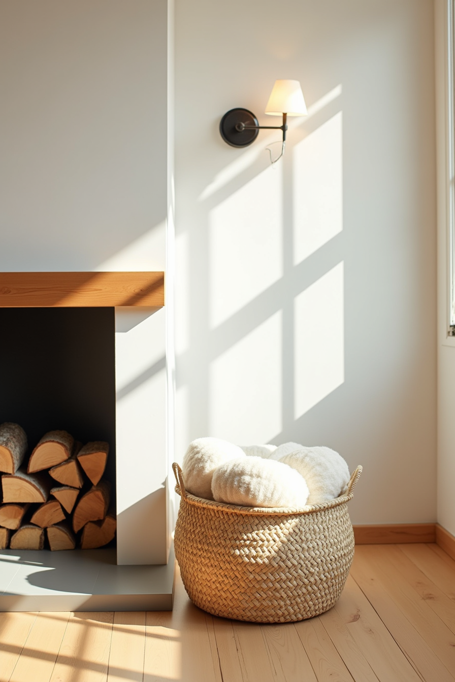 Seagrass basket holding rolled ivory blanket beside fireplace with wood mantel and firewood.