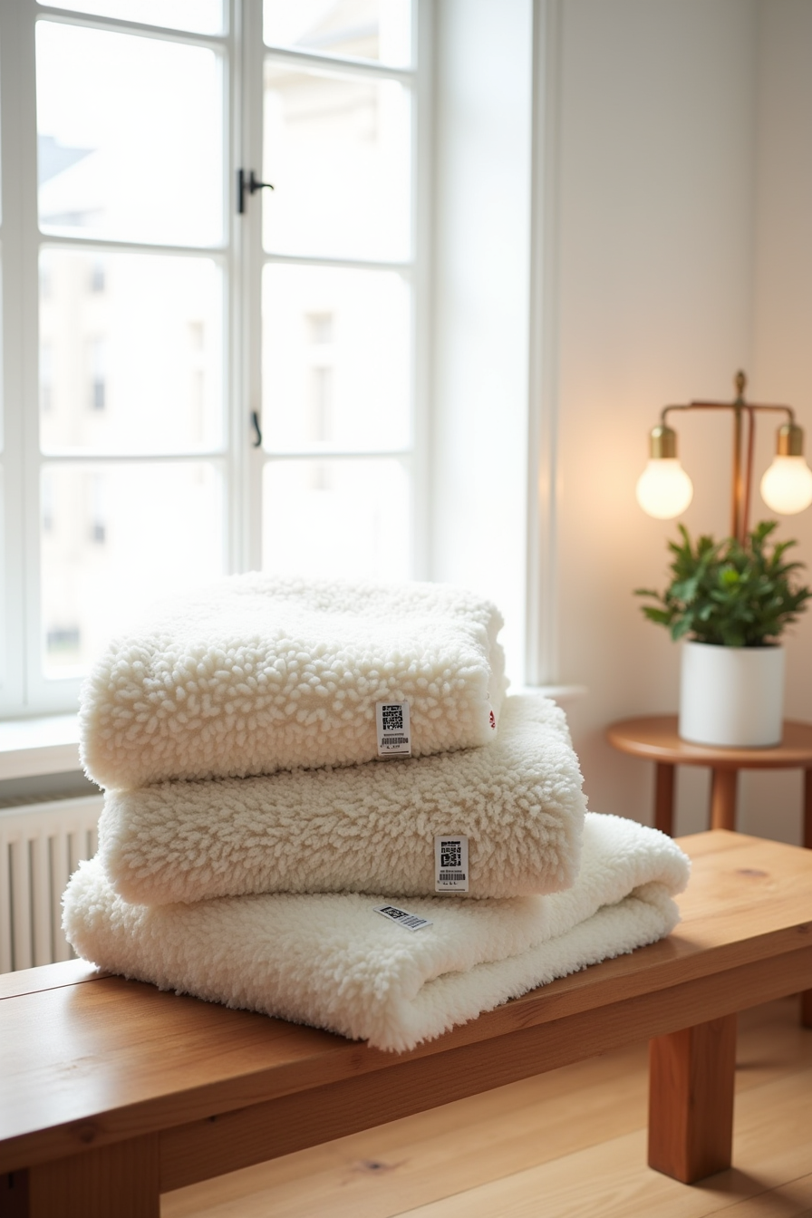 Three textured blankets stacked on wooden bench with price tags: sherpa, cotton blend, and wool.
