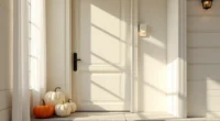 Cream door with black hardware displays three white pumpkins and two orange gourds arranged in a triangle on the concrete