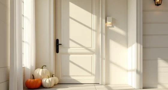 Cream door with black hardware displays three white pumpkins and two orange gourds arranged in a triangle on the concrete