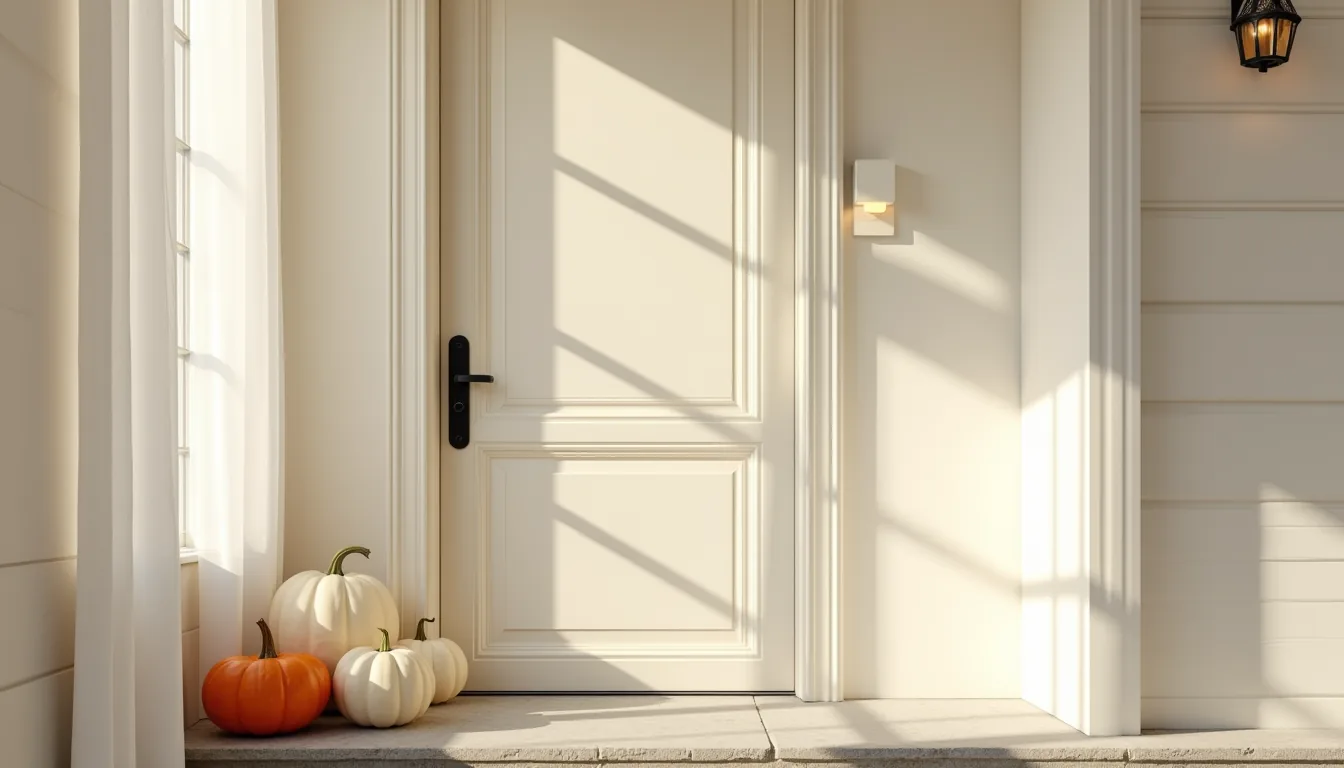 Cream door with black hardware displays three white pumpkins and two orange gourds arranged in a triangle on the concrete