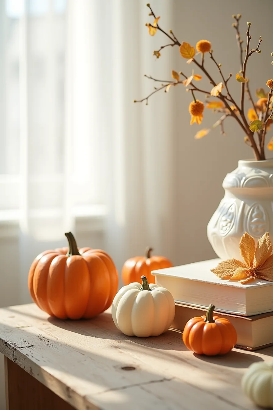 Foam pumpkin, ceramic gourd, fabric garland, and wooden pumpkin arranged in a row on weathered wood with morning light.