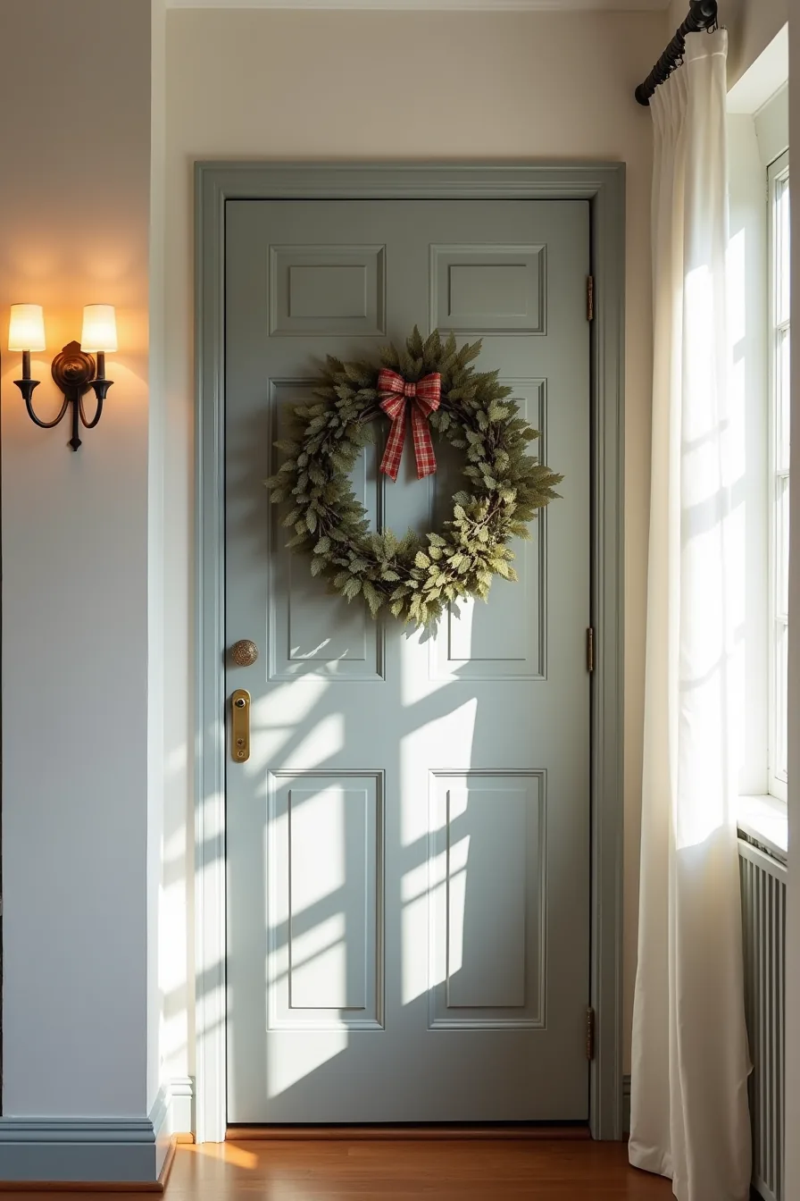Gray door decorated with a large faux-leaf wreath behind a smaller plaid ribbon wreath, with a gold knocker below.