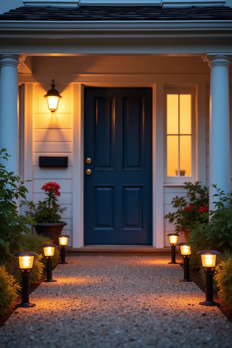 Gravel pathway lined with glowing solar stake lights leads to a dark blue door at dusk, creating warm shadows.