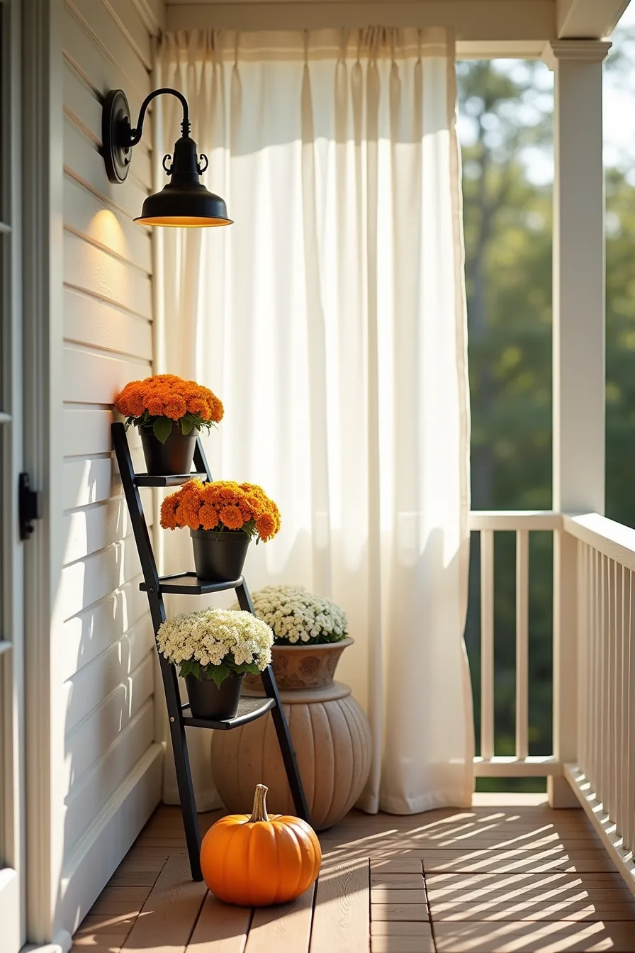 Wooden porch displays a tiered plant stand with orange and white mums, alongside a wooden ladder holding gourds on its rungs.
