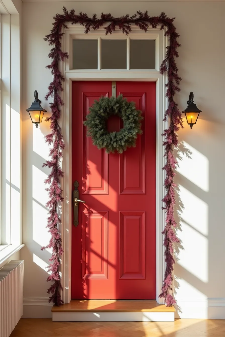 Red door framed by purple faux vine garland with burgundy ribbon woven through, held by adhesive hooks at the corners.