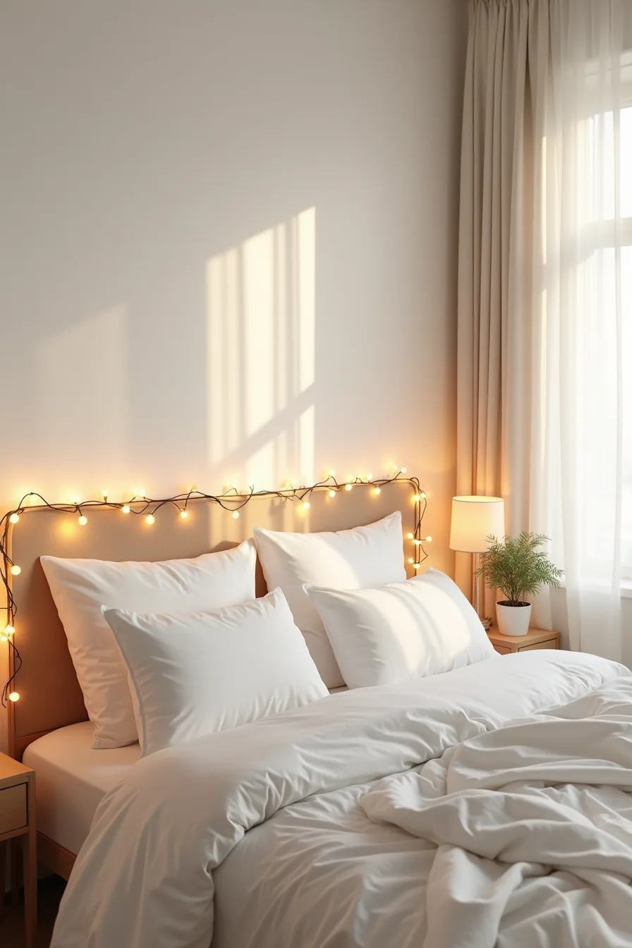 Warm amber string lights wind around a bedroom headboard, casting pools of light across white bedding.