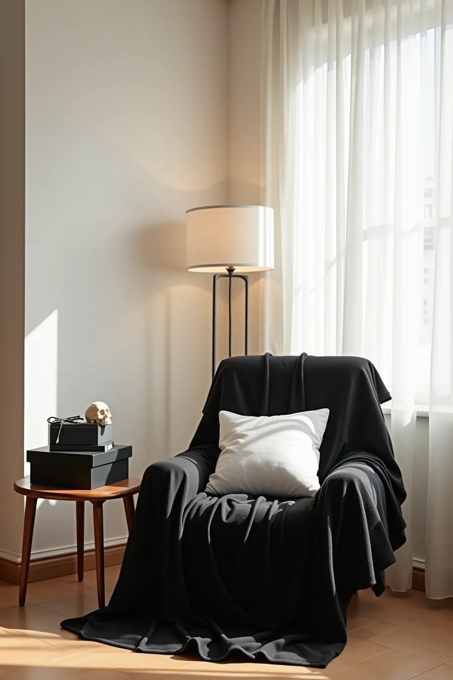 A chair draped in black fabric sits beside stacked black boxes with a white pillow and white skull ornament on a nearby