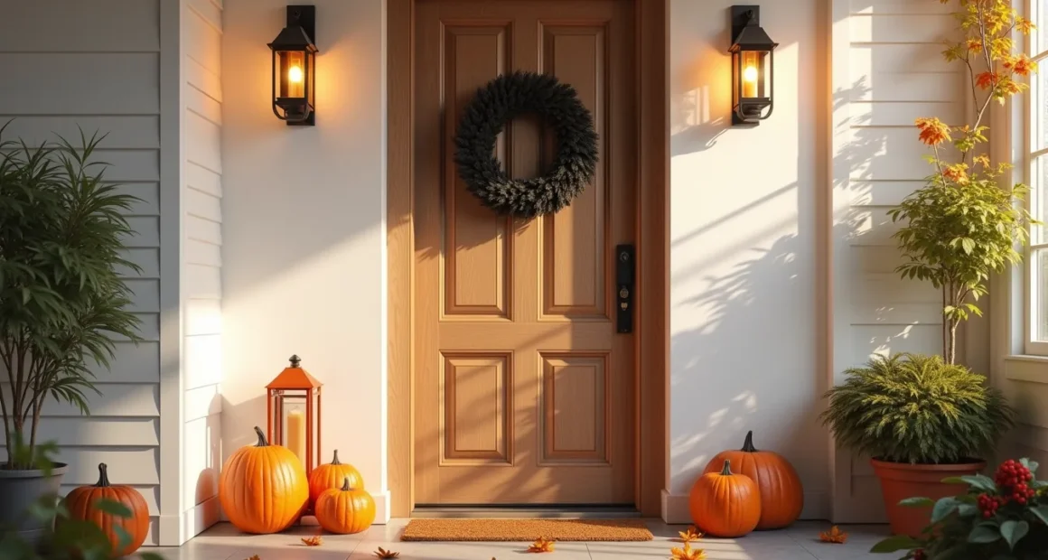 Black wreath centered on a dark wooden front door with orange lanterns on either side and fallen leaves on the doormat.