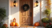Black wreath centered on a dark wooden front door with orange lanterns on either side and fallen leaves on the doormat.