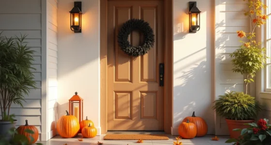 Black wreath centered on a dark wooden front door with orange lanterns on either side and fallen leaves on the doormat.