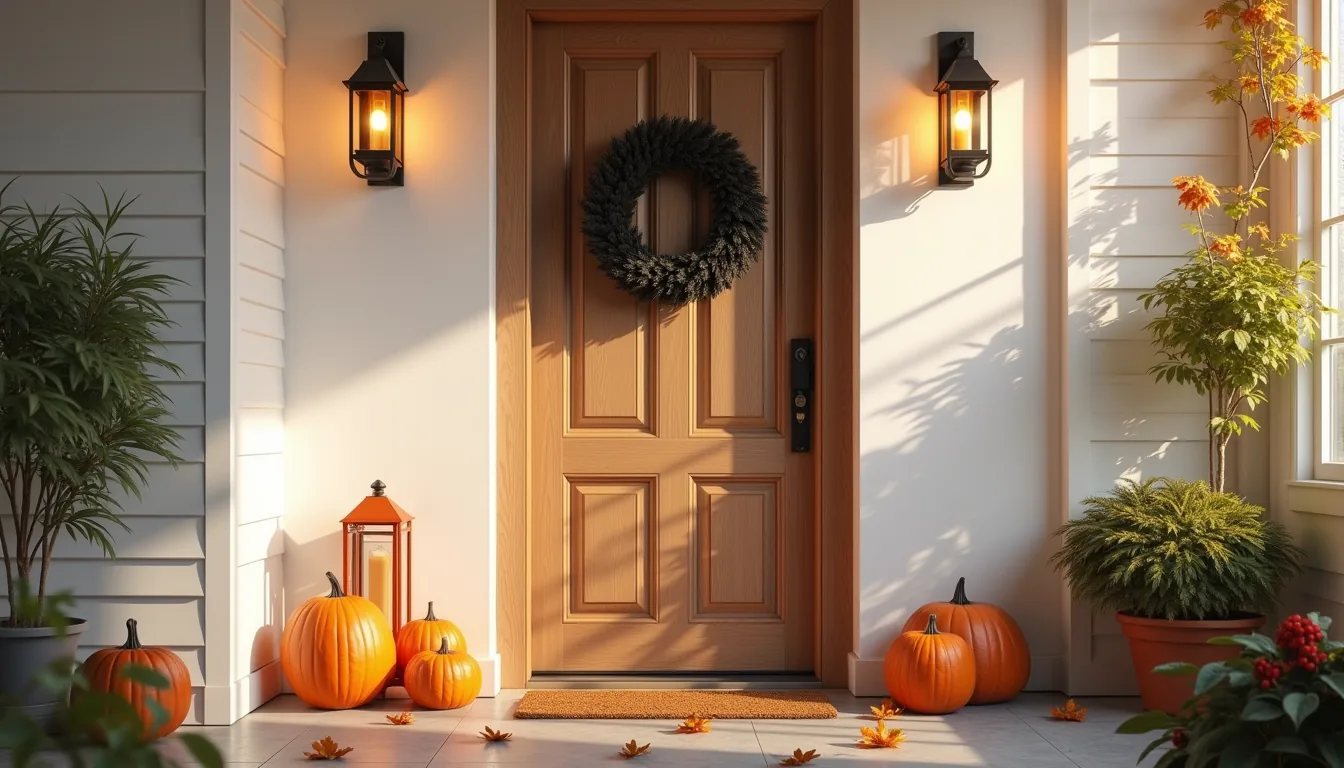 Black wreath centered on a dark wooden front door with orange lanterns on either side and fallen leaves on the doormat.