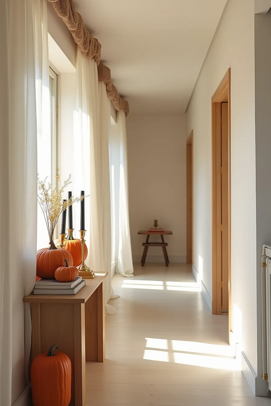 A console table in a hallway entry displays a carved pumpkin, black candles, and corn stalks beneath a draped fabric garland.