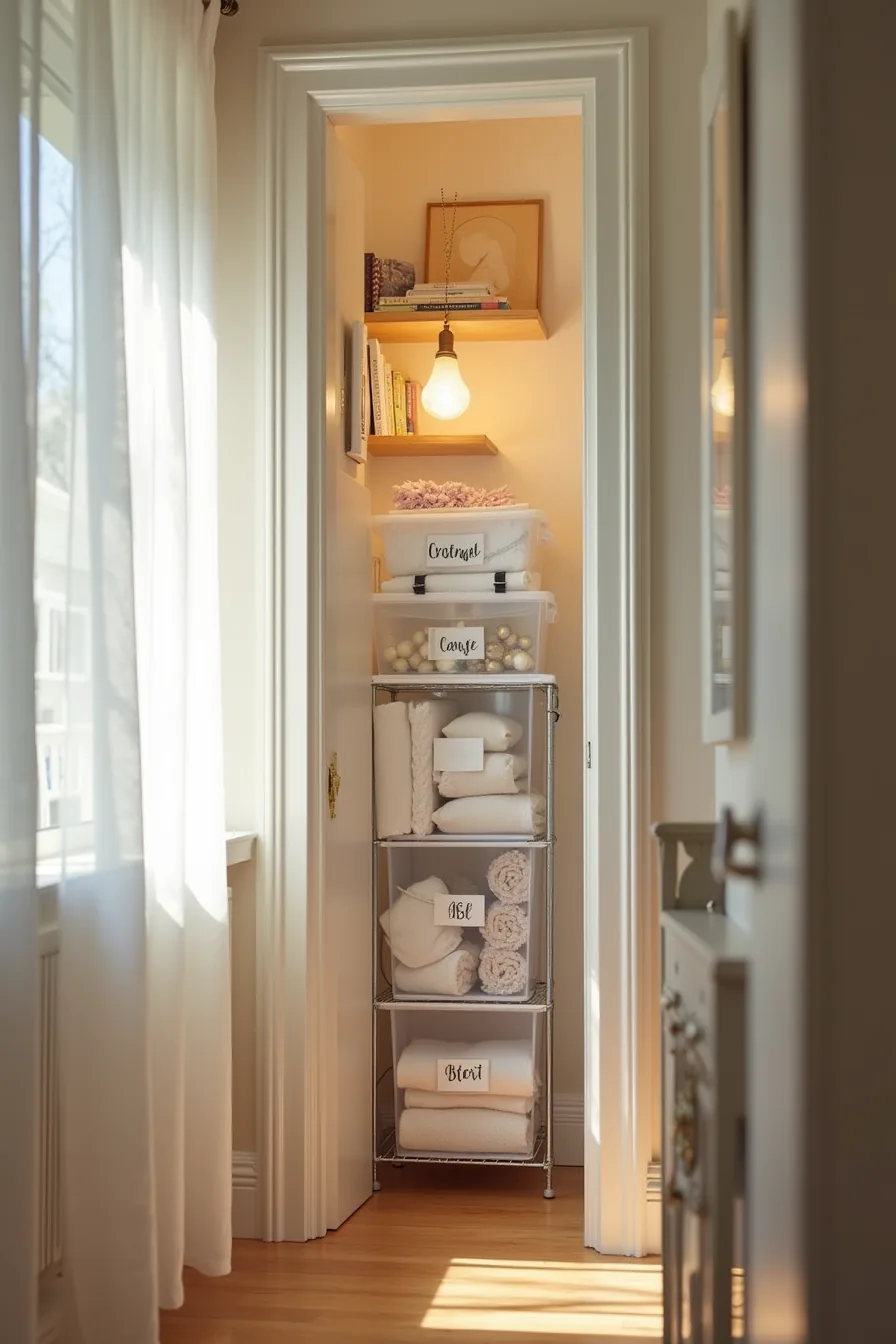 Stacked labeled plastic bins and clear storage boxes containing folded fabric and ornaments fill a closet with wire shelving.