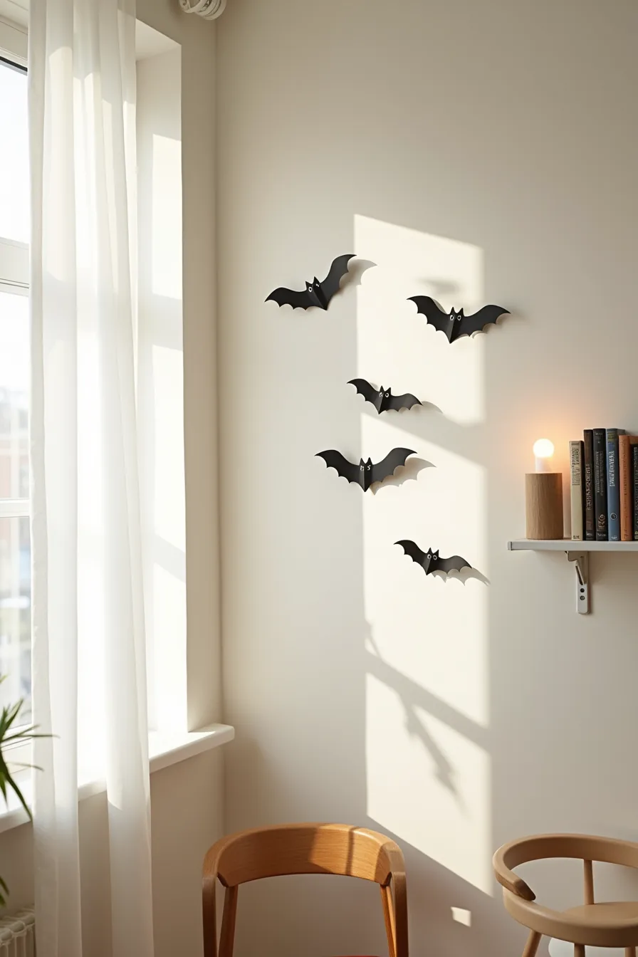 Paper bat cutouts secured with command strips decorate a wall above a metal shelf displaying small paper ghost cutouts.