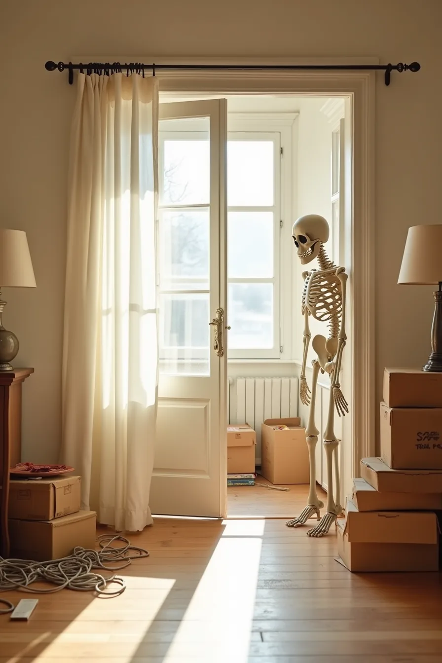 An oversized skeleton prop blocks the entryway doorway while extension cords tangle on the floor amid stacked props and