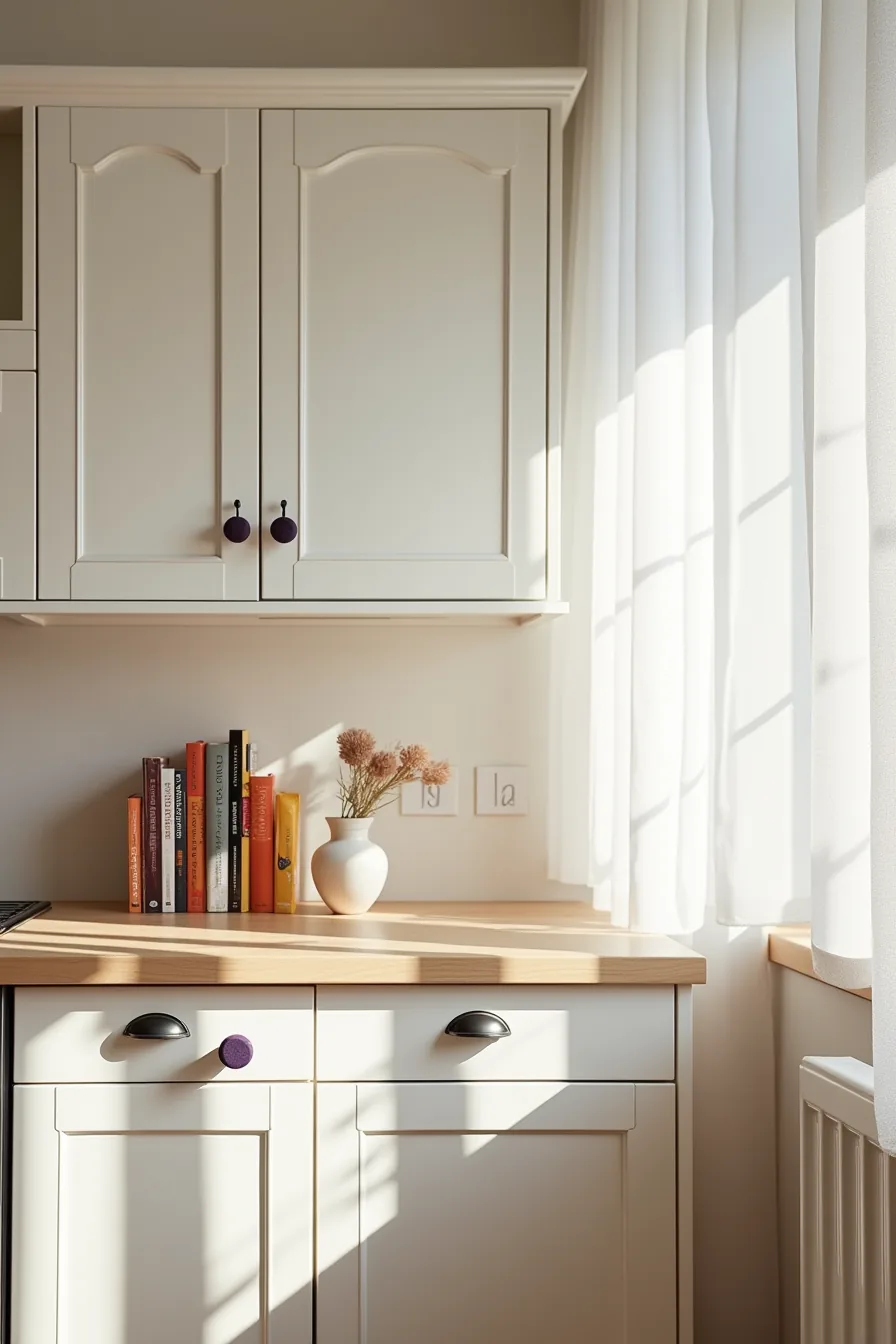 Kitchen cabinet doors wrapped in black and orange geometric pattern with purple knob covers.