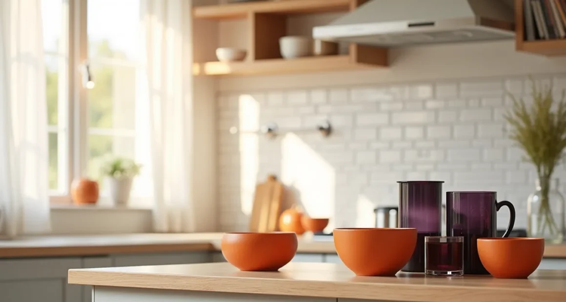 Kitchen island with orange ceramic bowls, black glassware, and purple candleholders arranged on white subway tile backsplash.