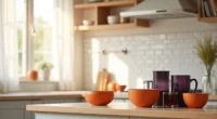 Kitchen island with orange ceramic bowls, black glassware, and purple candleholders arranged on white subway tile backsplash.