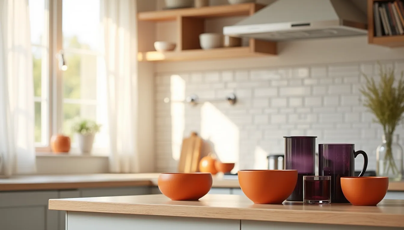 Kitchen island with orange ceramic bowls, black glassware, and purple candleholders arranged on white subway tile backsplash.
