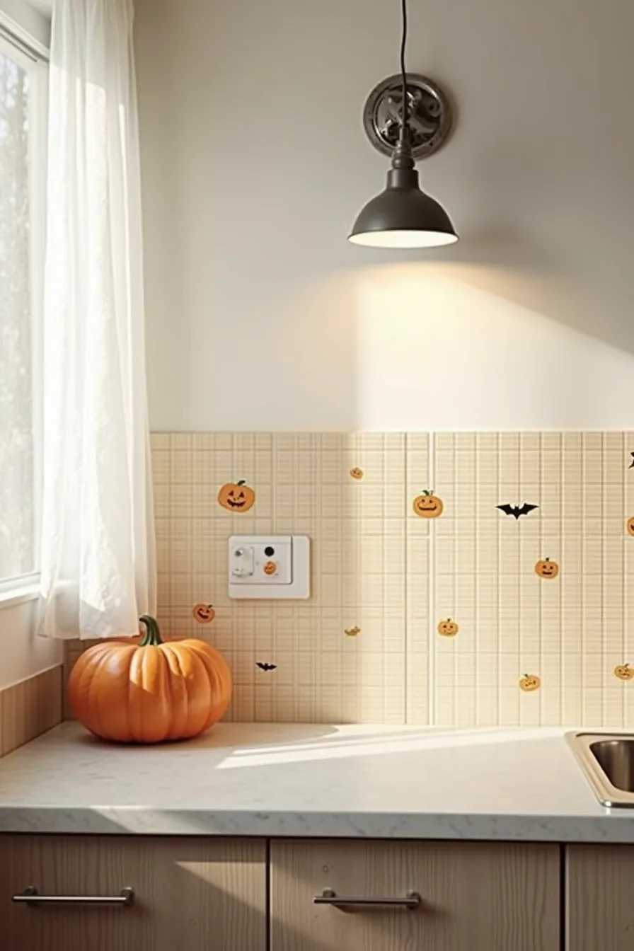 Custom kitchen backsplash tiles with jack-o'-lantern and bat motifs in orange, black, and cream with stainless steel