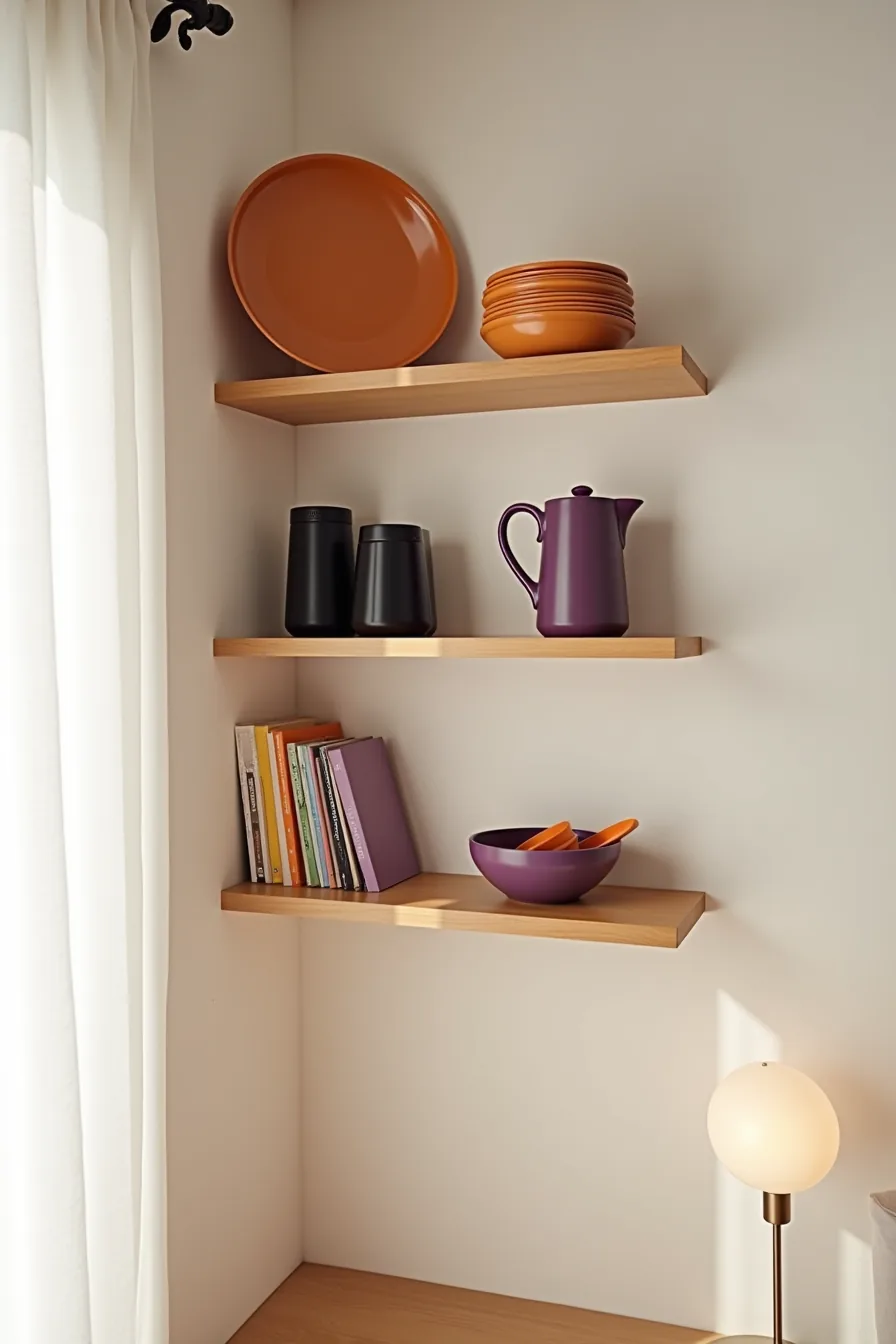 Three wooden shelves holding stacked orange plates, black glasses, purple pitcher, purple bowls, and orange serving utensil.