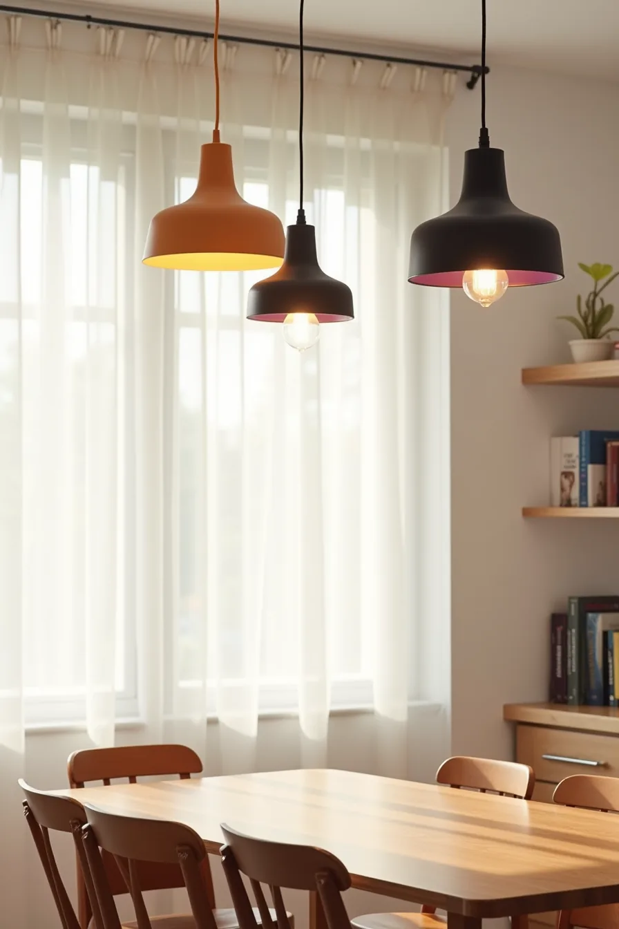 Three pendant lights with orange, black, and purple shades hanging at different heights from kitchen ceiling.