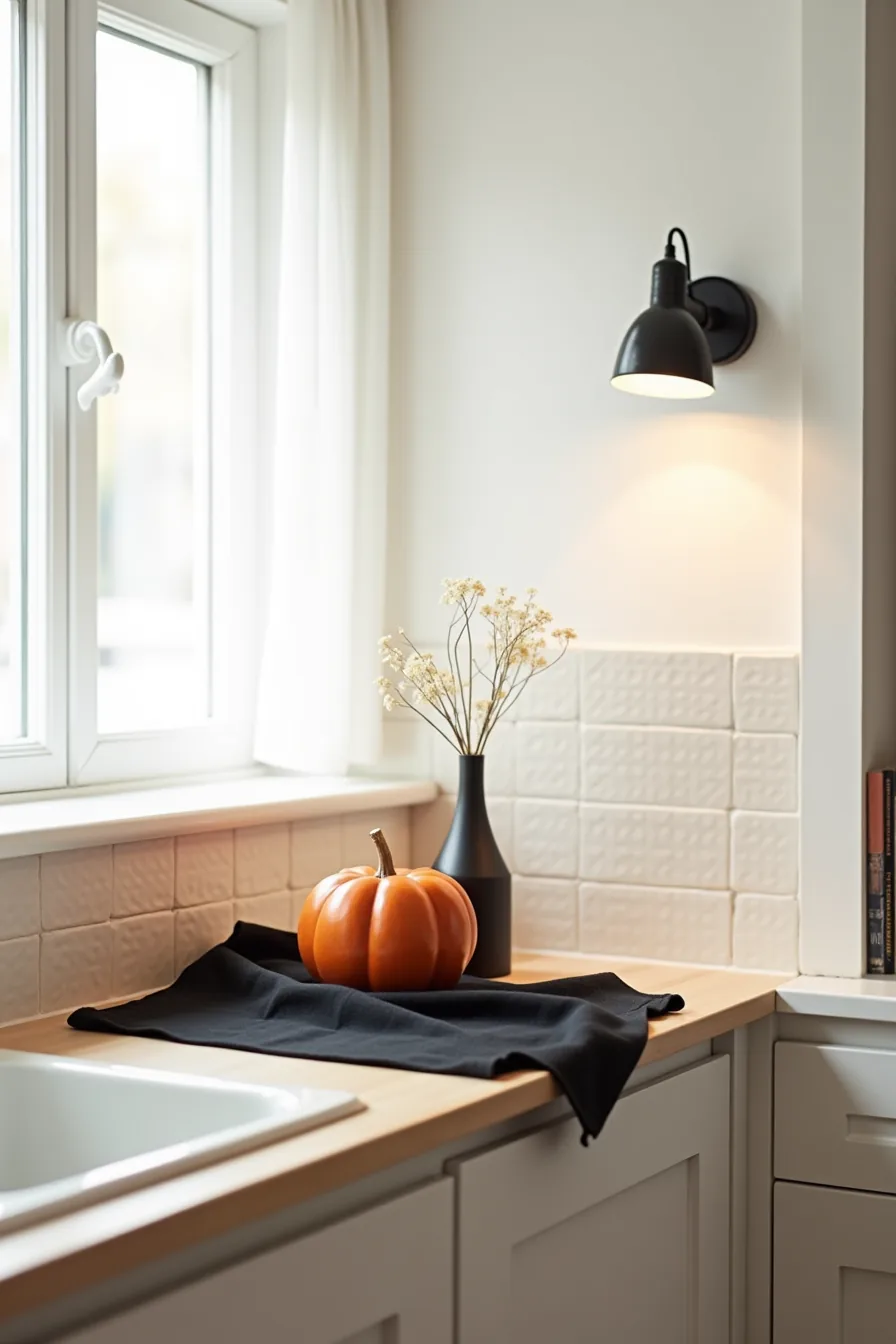 Kitchen counter with peel-and-stick patterned backsplash, black fabric runner, orange pumpkin ceramic, and black vase.