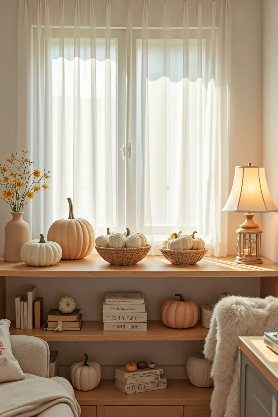 Shelf display divided into three price-tier sections: budget paper pumpkins on left, mid-range textured gourds in center