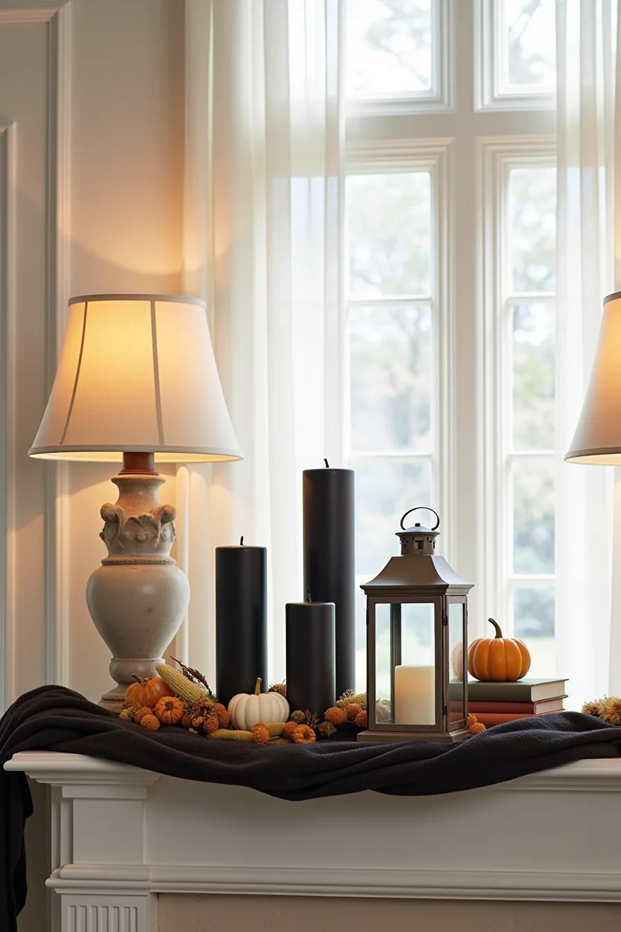 Fireplace mantel decorated with tiered black pillar candles, vintage lanterns, ceramic pumpkins, dried corn stalks, and