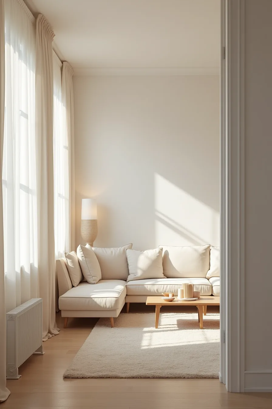 Living room with three distinct decoration zones: minimal corner display, moderate seating area arrangement, and large-scale