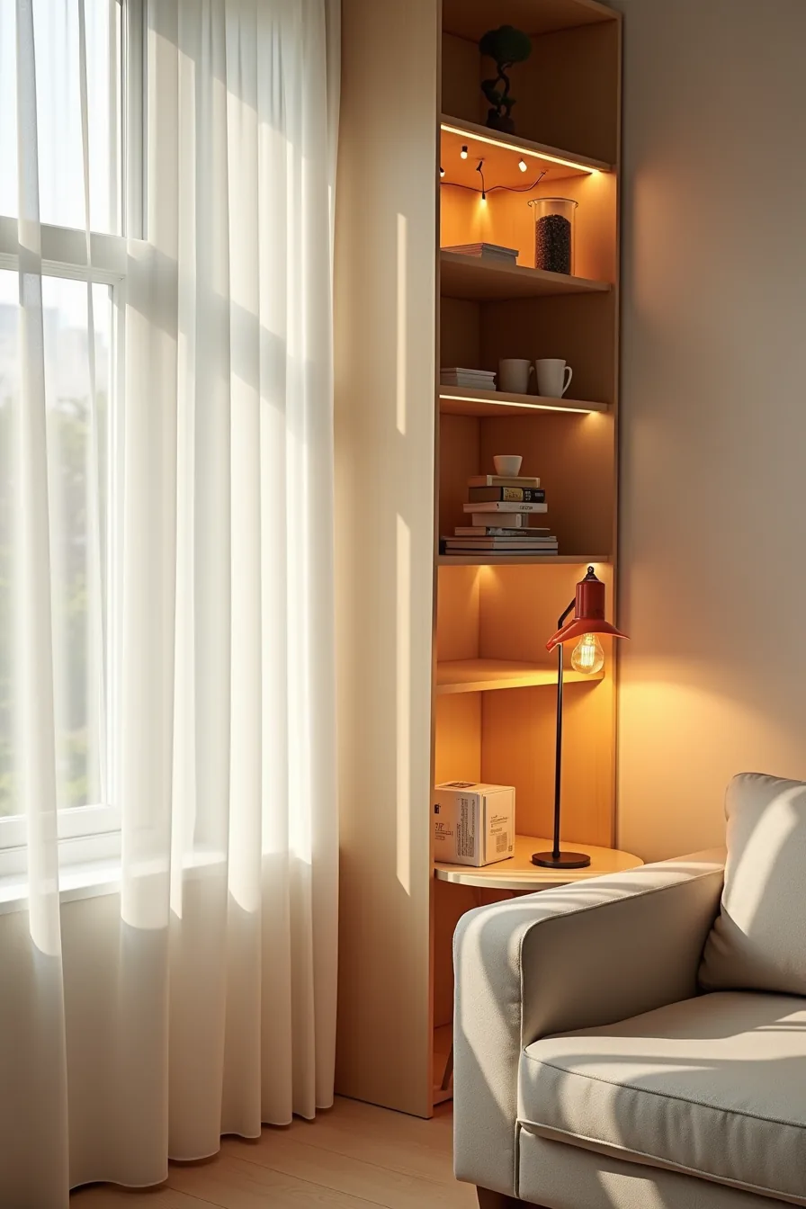Three distinct light sources illuminate a corner: string lights on a shelf, an orange floor uplighter, and a dimmed table