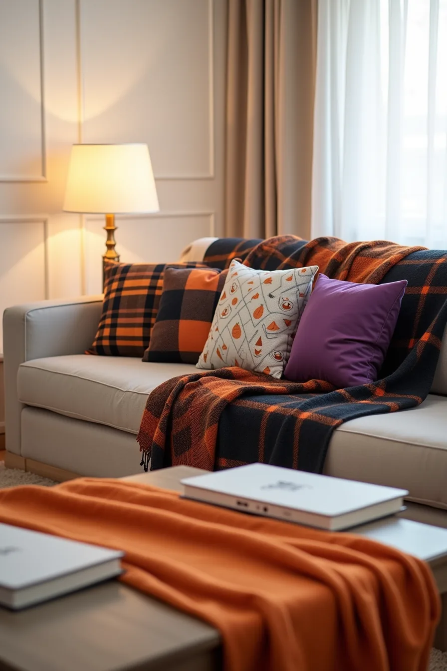 Sofa with black and orange plaid throw blanket, four patterned Halloween pillow covers, and an orange table runner viewed