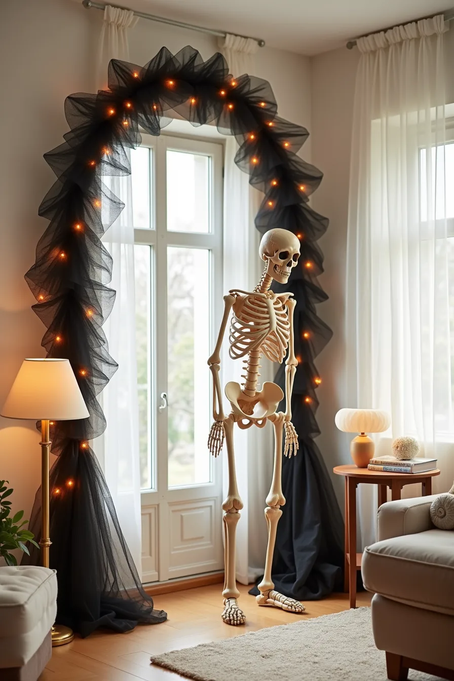 Life-size skeleton stands beside a black tulle and orange fairy light-wrapped archway frame in a living room corner.