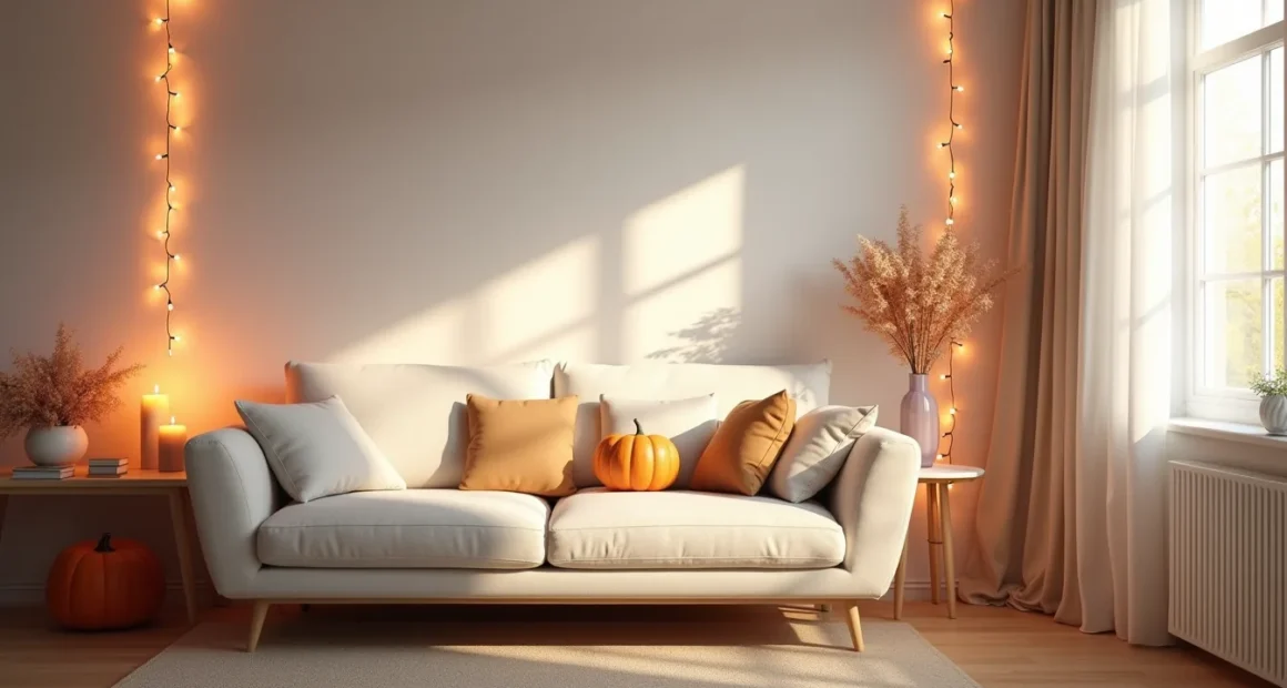 Cozy living room corner with draped string lights, uplighting along baseboards, pumpkins and candles on a side table, and