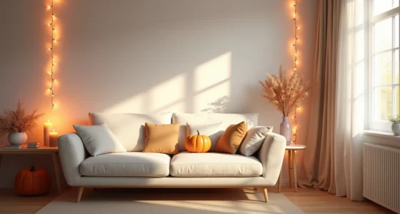 Cozy living room corner with draped string lights, uplighting along baseboards, pumpkins and candles on a side table, and