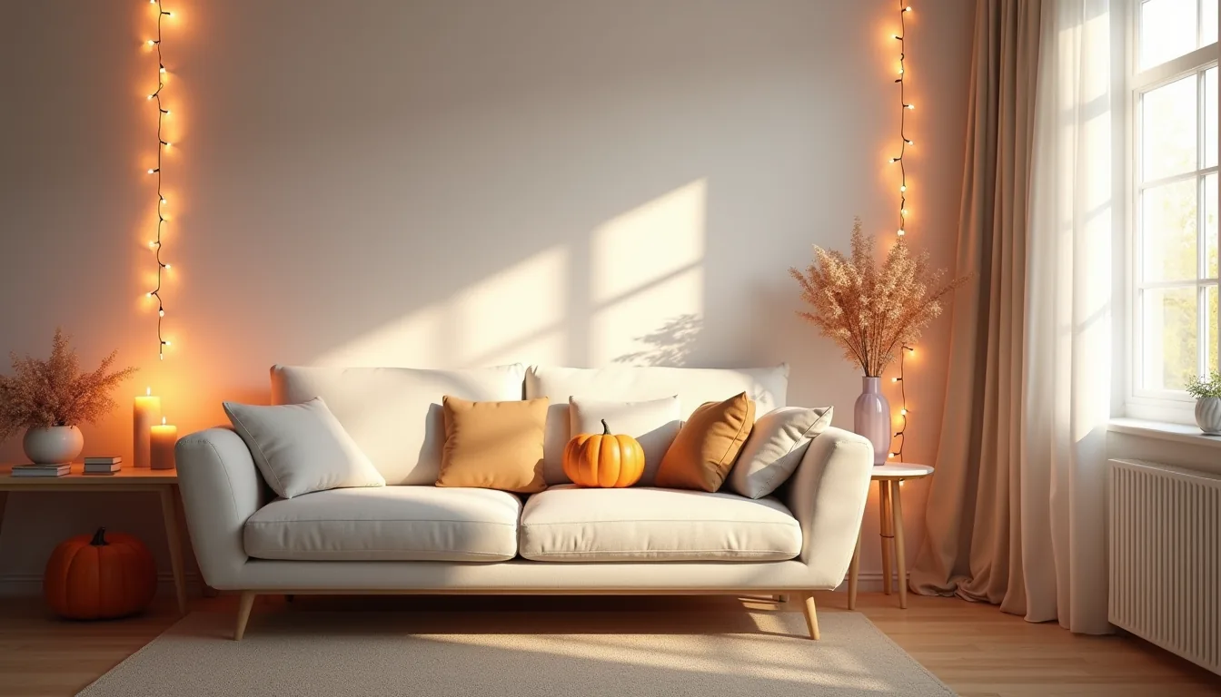 Cozy living room corner with draped string lights, uplighting along baseboards, pumpkins and candles on a side table, and