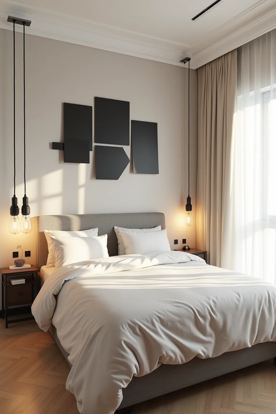 Bedroom wall covered with geometric black paper panels and a metal frame structure draped with gauze fabric above.