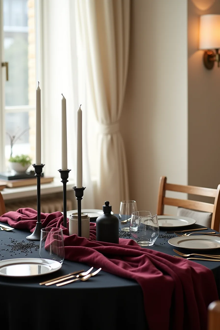 Formal dining table dressed in black with candelabra, white candles, burgundy velvet, glass bottles, and black confetti