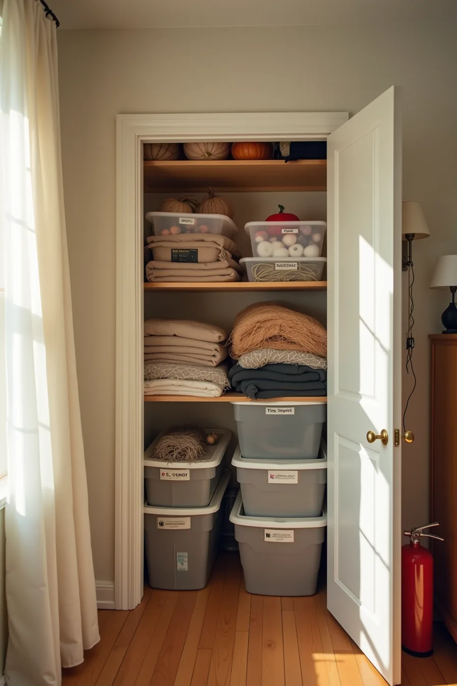 Organized storage closet with labeled plastic bins holding Halloween decorations, extension cords, and string lights, with