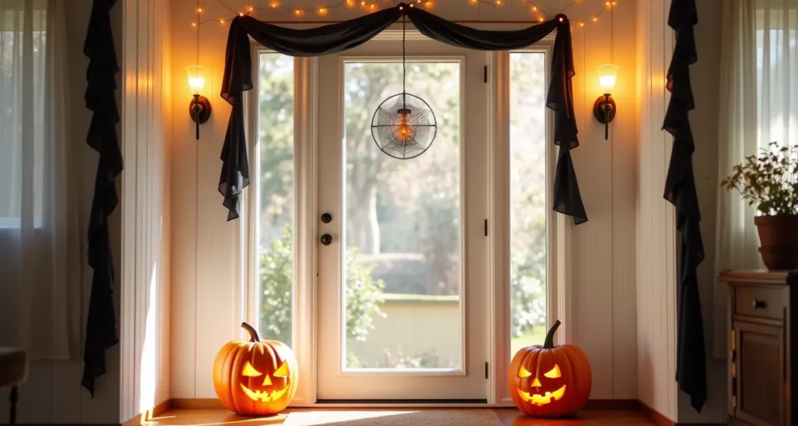 Front door decorated with black fabric garland, flanked by two glowing carved pumpkins, with orange string lights framing