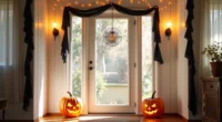 Front door decorated with black fabric garland, flanked by two glowing carved pumpkins, with orange string lights framing