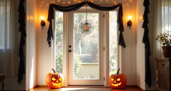 Front door decorated with black fabric garland, flanked by two glowing carved pumpkins, with orange string lights framing