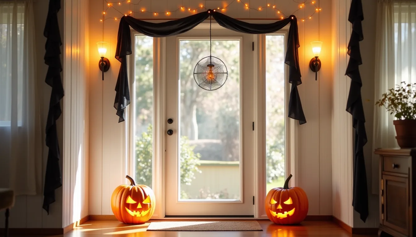Front door decorated with black fabric garland, flanked by two glowing carved pumpkins, with orange string lights framing