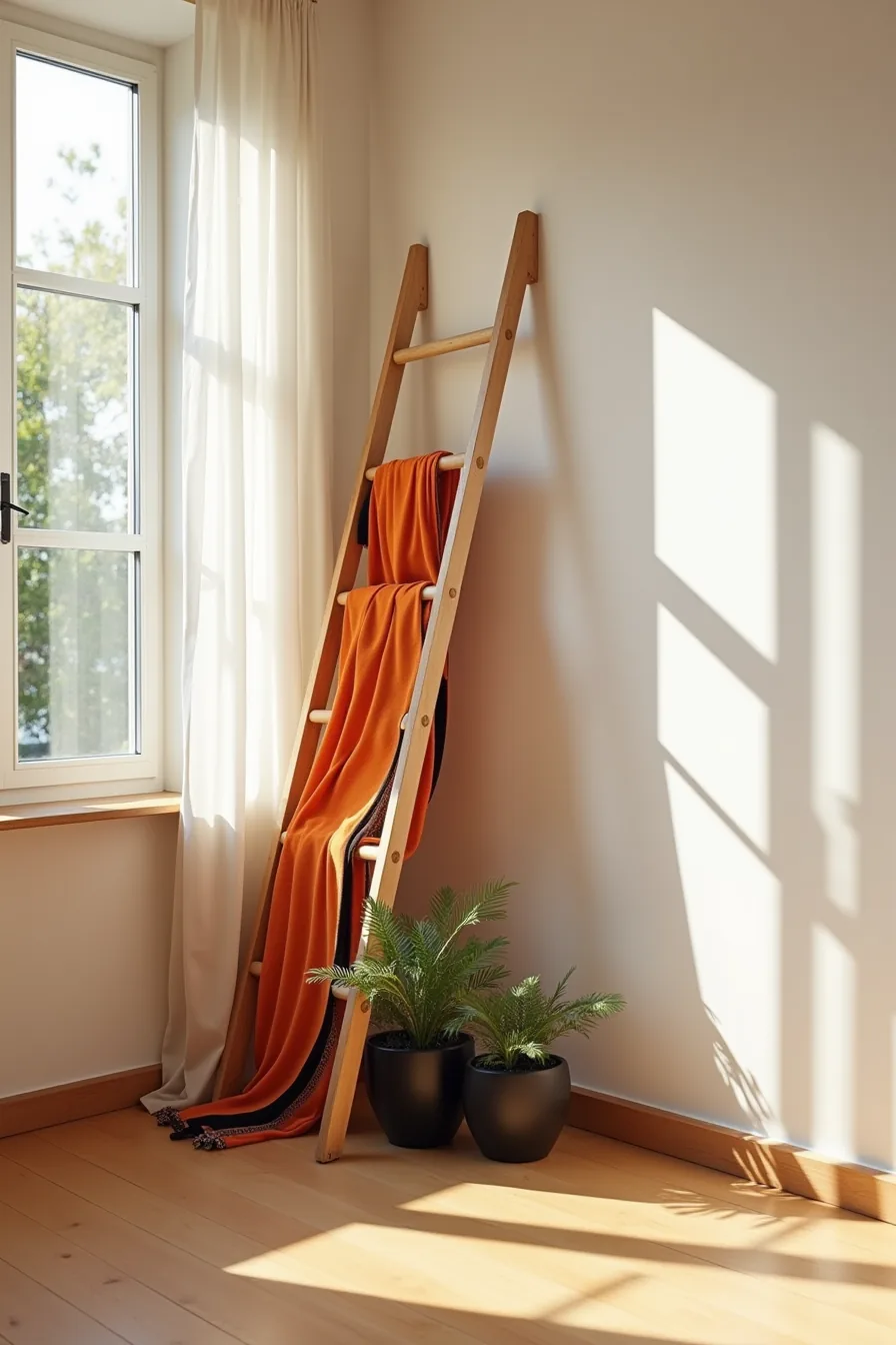 Corner alcove with a diagonal wooden ladder draped in orange and black fabric, surrounded by potted black plants with