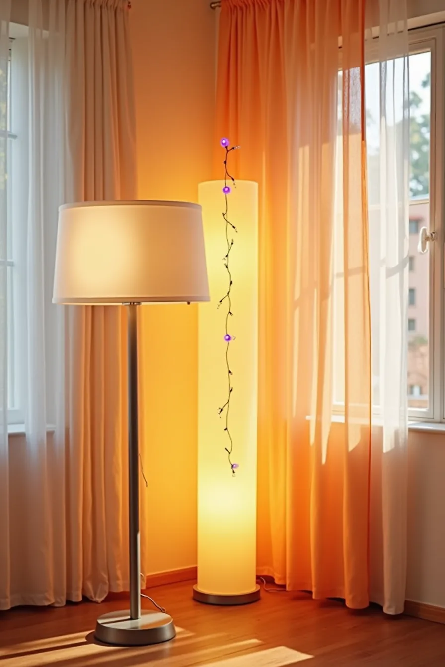 Floor lamp glowing behind sheer orange fabric with purple string lights draped across, casting colored light on the wall.