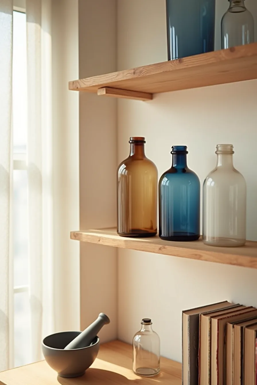 Clear, amber, cobalt, and frosted glass bottles arranged by height with a ceramic mortar and pestle in front.