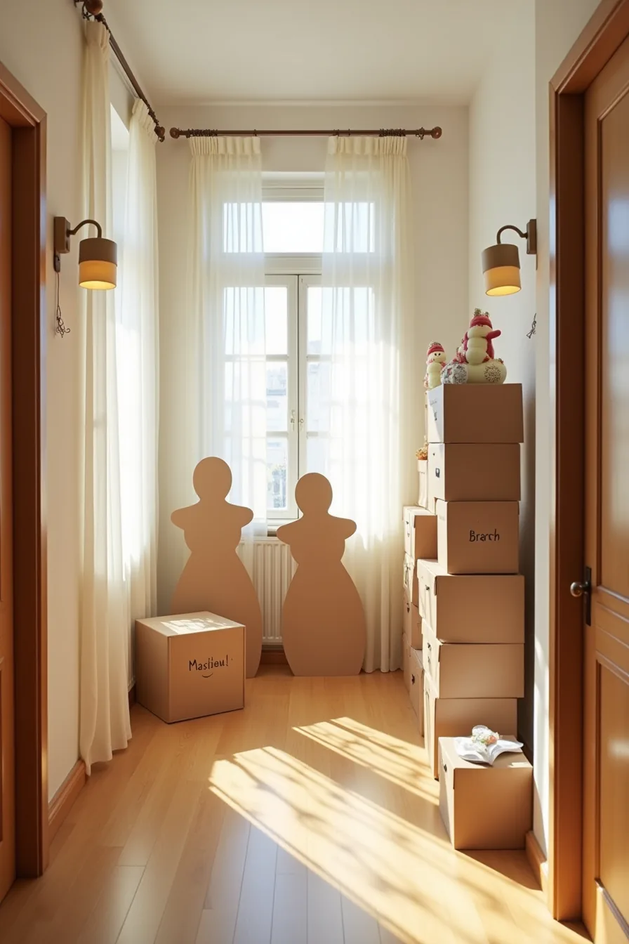 Cardboard cutouts and inflatable decorations block a hallway with labeled storage boxes stacked in the corner.