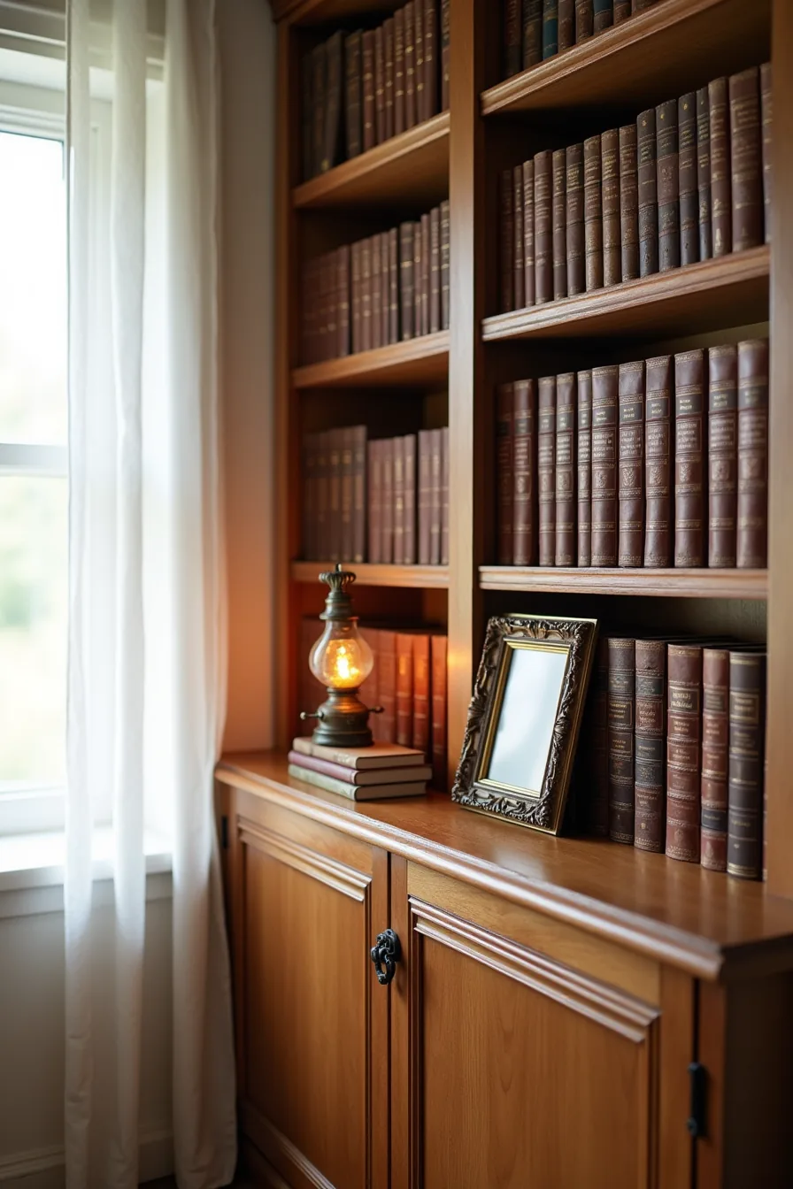 Leather-bound books arranged by color on a shelf with a vintage ornate frame and amber oil lamp.